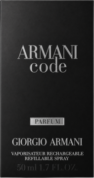 Front czarnego, eleganckiego opakowania perfum Armani Code Parfum z srebrnym logo i opisem, pojemność 50 ml.