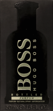 Front view of a black Hugo Boss Bottled Parfum box with gold lettering and 50ml e 1.6 FL. OZ. volume.