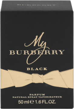Czarne opakowanie My Burberry Black Parfum 50ml, złota kokarda z przodu, widok frontalny.