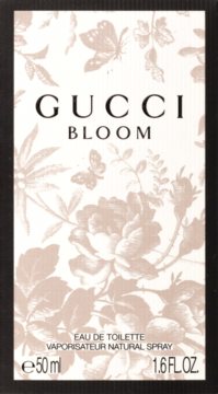 Gucci Bloom woda toaletowa, prostokątne opakowanie w pudrowym różu z beżowym kwiatowym wzorem, widok z przodu.