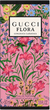 Gucci Flora Gorgeous Gardenia EDP, różowe opakowanie 50ml z bogatym kwiatowym wzorem, widok z przodu.