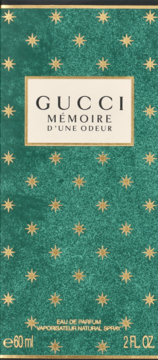 Gucci Mémoire d'Une Odeur, zielone pudełko perfum ze złotymi gwiazdami, widok z przodu. Pojemność 60 ml.