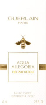 Białe pudełko perfum Guerlain Aqua Allegoria Nettare di Sole, złote logo, pszczoła, widok z przodu.