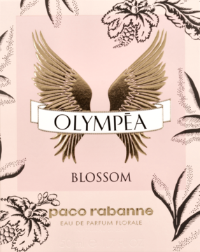 Różowe pudełko Paco Rabanne Olympea Blossom, złote skrzydła i tekst 'Eau de Parfum Florale', widok z przodu.