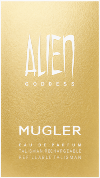 T. Mugler Alien Goddess EDP: złote, teksturowane, prostokątne opakowanie, widok z przodu, napis 'Refillable'.