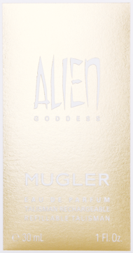 Złote, teksturowane opakowanie perfum Alien Goddess Mugler 30ml Eau de Parfum, widok z przodu.