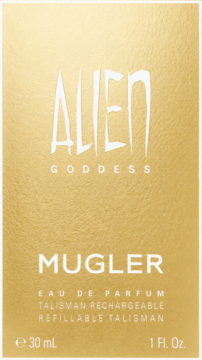 Złote opakowanie perfum Alien Goddess Mugler Eau de Parfum 30ml, uzupełnialny talizman, widok z przodu.