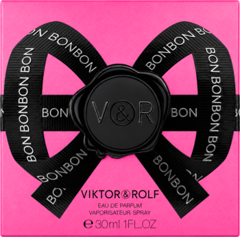 Różowe pudełko perfum Viktor & Rolf Bonbon EDP, czarna kokarda z napisem BONBON, pieczęć V&R, widok z przodu.