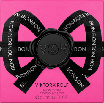 Różowe pudełko perfum Viktor & Rolf Bonbon z czarną kokardą z napisem 'BONBON' i pieczęcią V&R, widok z przodu.