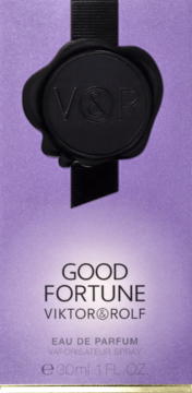 Fioletowe pudełko Good Fortune Viktor&Rolf, perfumy, z czarną wstążką i pieczęcią, widok z przodu.