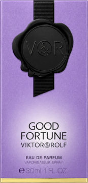 Good Fortune Viktor&Rolf woda perfumowana 30ml. Fioletowe opakowanie z czarną wstążką i pieczęcią V&R, widok z przodu.