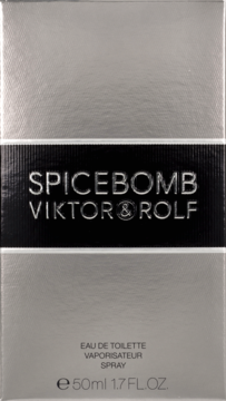 Srebrne opakowanie perfum Viktor & Rolf Spicebomb EDT 50ml, z czarną nazwą i metalicznym wykończeniem.