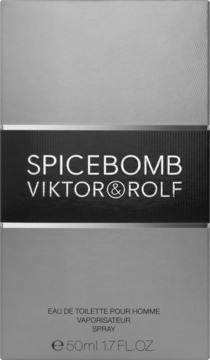 Szare opakowanie Spicebomb Viktor & Rolf męskiej wody toaletowej 50ml, widok z przodu, czarny pas z nazwą.