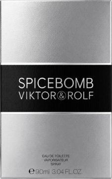 Srebrzyste pudełko Viktor & Rolf Spicebomb EDT dla mężczyzn, z czarnym paskiem, biały napis, przód.