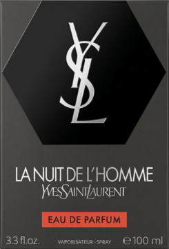 Frontalny widok czarnego, sześciokątnego pudełka Yves Saint Laurent La Nuit de L'Homme EDP 100ml, z białym logo YSL.