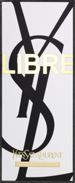 Opakowanie perfum Yves Saint Laurent Libre Intense. Czarno-białe logo YSL i złoty napis LIBRE, widok z przodu.