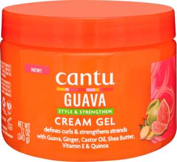 Cantu Guava Style & Strengthen Cream Gel w pomarańczowym słoiku, widok z przodu. Zawiera guawę i imbir.