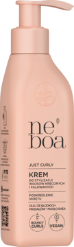 Krem Neboa Just Curly do włosów kręconych, brzoskwiniowa butelka z pompką, front, wegański, podkreśla skręt.
