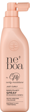Brzoskwiniowa butelka z pompką Neboa by Curly Madeleine, spray do reanimacji skrętu dla włosów kręconych.