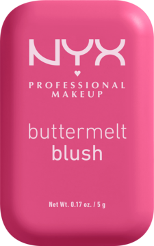 NYX Buttermelt Blush w fuksjowym, matowym opakowaniu. Widok z przodu z białym logo i nazwą produktu.