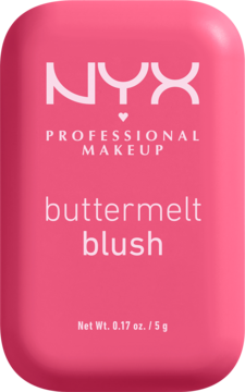 Jaskraworóżowy róż NYX Buttermelt Blush w prostokątnym, zaokrąglonym opakowaniu, z białym logo, widok z przodu.