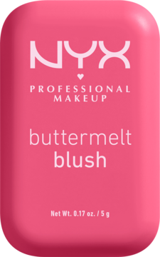 Jaskraworóżowy róż NYX Buttermelt Blush w prostokątnym, zaokrąglonym opakowaniu, z białym logo, widok z przodu.