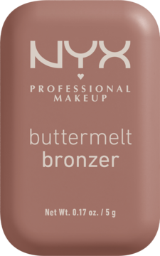 NYX Buttermelt bronzer w matowym, brązowo-różowym kompaktowym opakowaniu, widok z przodu z białymi napisami.