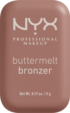 NYX Buttermelt bronzer w matowym, brązowo-różowym kompaktowym opakowaniu, widok z przodu z białymi napisami.