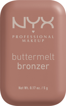 NYX Buttermelt Bronzer w matowym, pudrowo-różowym opakowaniu, zbliżenie z przodu.