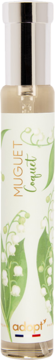 Perfumy Adopt' Muguet Coquet w białej butelce z zielonym wzorem konwalii i złotym napisem, widok z przodu.