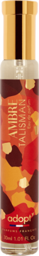 Adopt' Ambre Talisman perfumy 30ml, pionowa butelka ze złotą zakrętką i abstrakcyjnym wzorem pomarańczy i czerwieni.