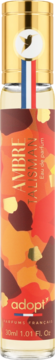 Perfume Adopt' Ambre Talisman w szklanej butelce z kolorowym, abstrakcyjnym wzorem i złotym korkiem, widok z przodu.