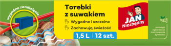 Opakowanie torebek z suwakiem Jan Niezbędny 1.5L, 12 szt., zielone tło, żółty baner. Szczelne i świeże.