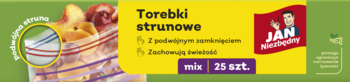 Opakowanie torebek strunowych Jan Niezbędny, żółte, z podwójnym zamknięciem i miksem 25 sztuk, na zielonym tle.