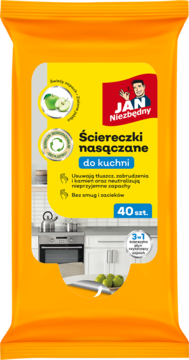 Pomarańczowe opakowanie ściereczek nasączanych Jan Niezbędny do kuchni, usuwających tłuszcz i zapachy, 40 sztuk.