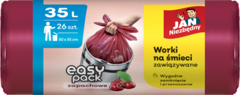 Opakowanie worków na śmieci Jan Niezbędny Easy Pack 35L, 26 szt., czerwone, wiśniowe, zawiązywane.