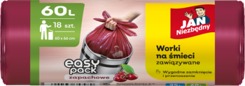 Worki na śmieci Jan Niezbędny Easy Pack 60L, czerwone, wiśniowy aromat, ręka wyciąga worek z kosza.