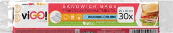 Opakowanie viGO! SANDWICH BAGS, 30 sztuk ekstra grubych torebek śniadaniowych 20x20 cm, widok z przodu.
