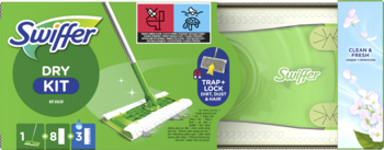 Swiffer Dry Kit na zielonym opakowaniu, z mopem, 8 suchymi i 3 mokrymi wkładami, widok z przodu.