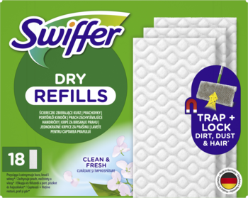 Swiffer Dry Refills, 18 białych, teksturowanych wkładów do mopa. Zielono-białe opakowanie, widok z przodu.