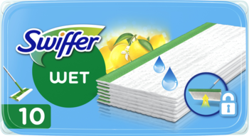 Swiffer Wet Lemon mop pads, 10 sztuk, widok na stos białych wkładów z zielonym paskiem i cytrynami.