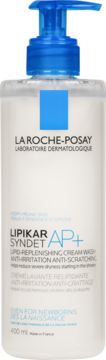 La Roche-Posay Lipikar Syndet AP+ krem myjący 400ml, biała butelka z niebieską pompką, widok z przodu.