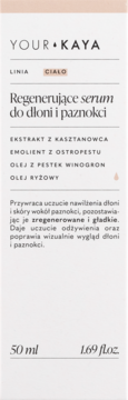 Front opakowania Your KAYA Regenerujące serum do dłoni i paznokci, 50ml, białe, z tekstem o składnikach.