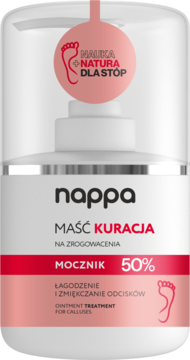 Nappa Maść Kuracja 50% mocznika na zrogowacenia, biała butelka z pompką, widok z przodu.