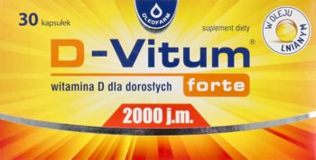 Żółto-pomarańczowe pudełko suplementu D-Vitum forte 2000 j.m. (30 kapsułek) z witaminą D i olejem lnianym, widok z przodu.