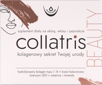 Prostokątne opakowanie Collatris Beauty, suplementu z kolagenem dla skóry, włosów i paznokci. Beżowy kartonik z brązowymi detalami, widok z przodu.