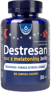 Ciemnoniebieski słoik Destresan noc z melatoniną żelki, widok z przodu, z białym napisem i grafiką gwiazd.