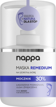 Maska do stóp Nappa Remedium z 30% mocznikiem na szorstką skórę, biała butelka z fioletowym akcentem, widok z przodu.