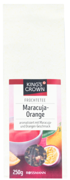 Białe opakowanie herbaty King's Crown Maracuja-Orange, widok z przodu z obrazkiem owoców.