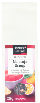 Białe opakowanie herbaty King's Crown Maracuja-Orange, widok z przodu z obrazkiem owoców.